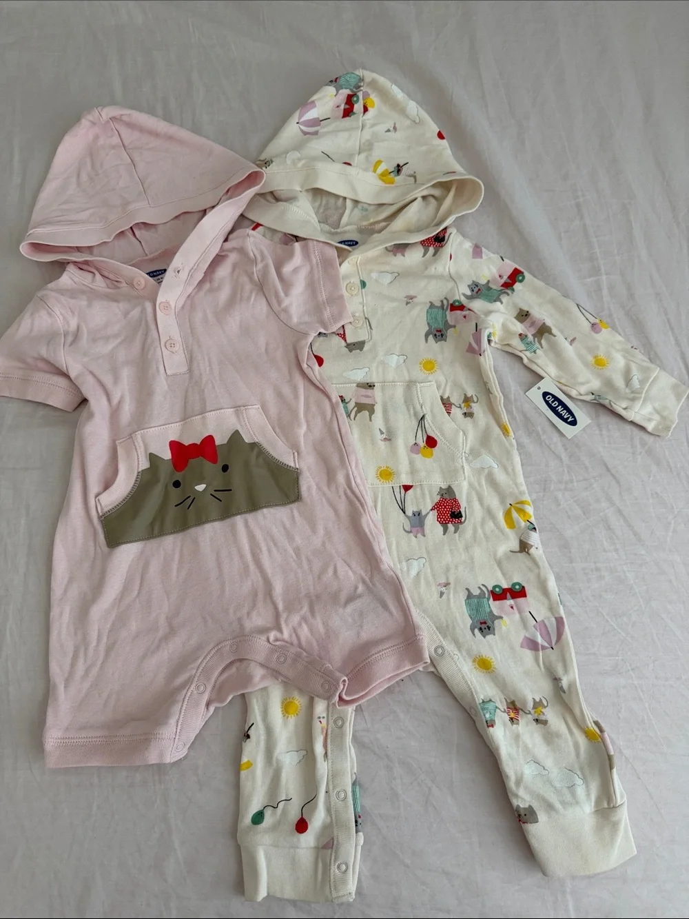 Old Navy Cream Hooded Romper with Colorful Kitty and Sun Prints set of 2
